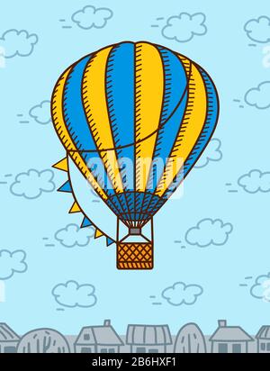 Hot air ballon flies in the clouds over the city Stock Vector