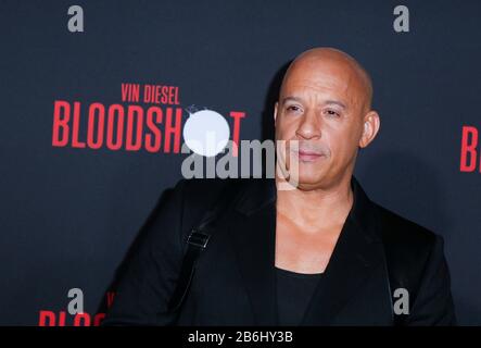 Westwood, USA. 10th Mar, 2020. Vin Diesel walking the red carpet at Premiere Of Sony Pictures' 'Bloodshot' held at Regency Village Theater on March 10, 2020 in Hollywood, California USA (Photo by Parisa Afsahi/Sipa USA) Credit: Sipa USA/Alamy Live News Stock Photo