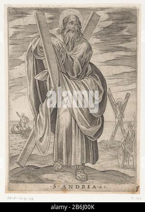 St Andrew S Andrea (title object) Christ, Mary and the apostles (series title) holy Andreas Andreas Cross. In the background left St. Andrew fishing in a boat at sea. In the background right the crucifixion of St. Andreas. Manufacturer : printmaker Antonio Tempesta Publisher: Marcello Clodioopgedragen to: Girolamo Bernerioopgedragen by: Marcello ClodioPlaats manufacture: Italy Date: 1565 - 1630 Physical features: etching with plate tone material: paper Technique: etching / plate tone dimensions: plate edge: h 202 mm × W 143 mmToelichtingDeze picture is part of a set of 15 prints. The prints wi Stock Photo