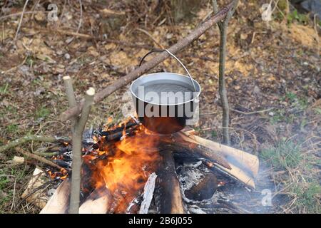 Premium Photo  Cooking camping pot with corncobs in a boiling water over  campfire.