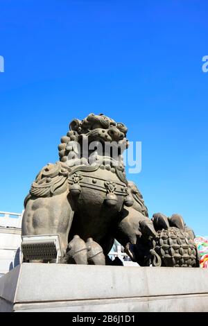 Bronze lion under the blue sky Stock Photo - Alamy