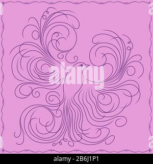 Beautiful bird whose wings and tail are made as long wavy lines in violet color on the pale pink background, framed by a frame Stock Vector