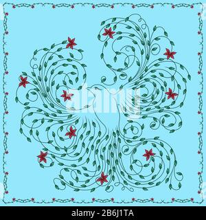 Beautiful bird whose wings and tail with floral elements in green and red hues on the pale blue background, framed by a frame Stock Vector