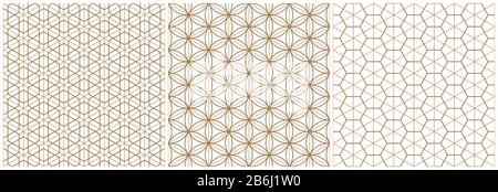 A set of three seamless patterns in the Japanese style of Kumiko .Brown average and thin lines.For wrapping,fabric,textile,disign template,laser cutti Stock Vector