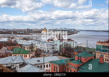 NIZHNY NOVGOROD, RUSSIA - APRIL, 23, 2017: View on Volga river Bed and Breakfast N.A. Bugrov in Nizhny Novgorod Stock Photo