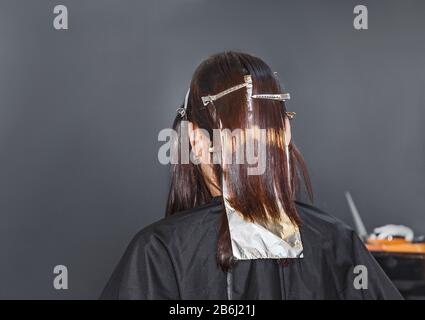 Professional hairdresser colorist dyeing hair of her client at beauty salon Stock Photo