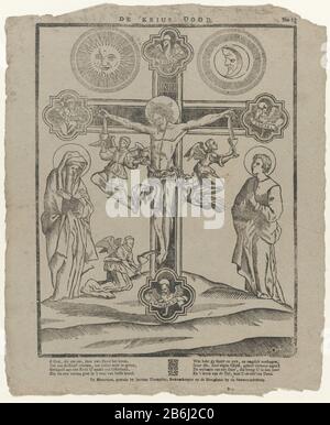 The crucifixion (title object) Christ on the Cross with Mary and John under the cross. Angels catch Christ's blood in chalices. The cross is decorated with the symbols of the four Evangelists. Above the cross the sun and the moon. Among the performance, a fresh achtregelig in two columns. Numbered upper right: No. 25. Manufacturer : publisher: James Thompson (listed building) printmaker: anonymous place manufacture: publisher: Rotterdam Print Author: Netherlands Date: 1791 - 1812 Physical features: woodcut and text printing material: paper Technique: woodcut / printing sizes: sheet: H 399 mm ×