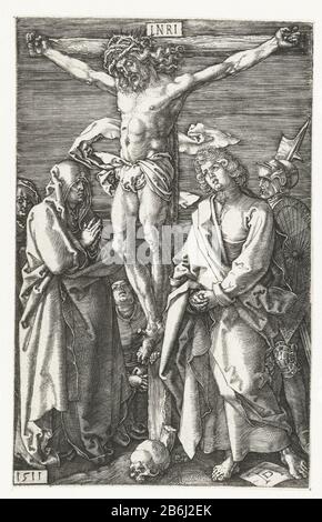 The Crucifixion The engraved Passion (series title) Christ on the cross. To his left is John the evangelist, on his right his mother Mary. This print is part of a series of 16 prints depicting scenes from the Lijdensverhaal. Manufacturer : printmaker Albrecht Dürer (listed property) Place manufacture: Nuremberg Date: 1511 Physical features: car material: paper Technique: engra (printing process) Dimensions: sheet: H 117 mm × W 75 mm Subject: crucified Christ with Mary and John on either side of the cross; Holyrood Stock Photo