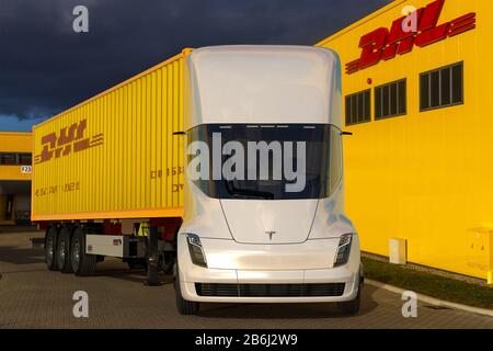 Vision of using Tesla Semi Truck electric truck by DHL logistics company Stock Photo