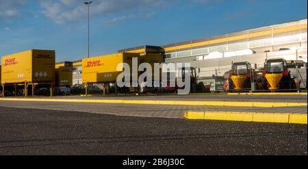 Containers at the DHL container terminal at the Amazon logistics center in Poland.Sczecin, Poland-March 2020. Stock Photo