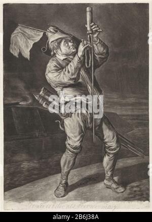 The man with the rocket to the general joy of Namur intake by William III, King of England, in September 1695 (series title) a man lights a fuse to a flare. The print is part of a series of eight prints made following the conquest of Namur by the Allies on September 5 1695. Manufacturer : printmaker Cornelis DusartPlaats manufacture Haarlem Dating: 1695 - 1704 Physical features: mezzotint; proofing material: paper Technique: mezzotint dimensions: plate edge: H 248 mm × W 177 mm Subject: light, fire, smoke, etc. used for signaling: rocket celebration of the conquest of Name When: 1695-09 - 1695 Stock Photo