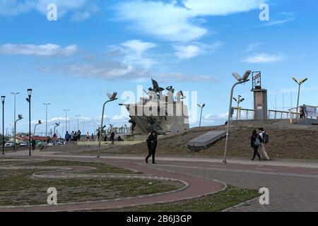 Monument to the crew of Goleta Ancud on the waterfront in Punta Arenas, Chile Stock Photo