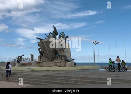 Monument to the crew of Goleta Ancud on the waterfront in Punta Arenas, Chile Stock Photo