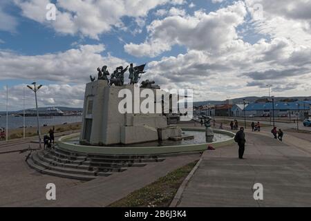 Monument to the crew of Goleta Ancud on the waterfront in Punta Arenas, Chile Stock Photo