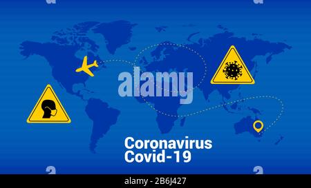 Coronavirus vector world map. Corona virus symbol. Education pictogram. illustration microbe. Covid-19 sign. ncov-19 bacteria. Virus infection. Stock Vector