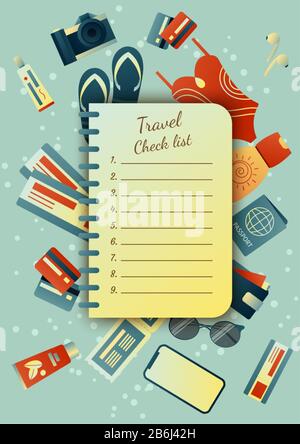 Collecting a suitcase on a trip: clothes, documents, equipment. Travel stuff. Planning a summer vacation, tourism. Colorful trendy illustration. Flat Stock Vector