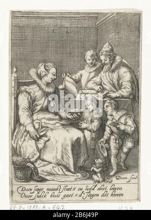 The morning (tomorrow) in a departure is a mother on a chair, a sewing basket beside her on the floor, scissors in the right hand. With the left hand she gives one of the two children who stand on her lap, a sandwich. The girl holds hands folded in prayer. The second child has a sandwich in hand. In both the school slate depends on the arm. A dog is in questioning attitude on the ground. Behind them is the father of the eldest son to a table Where: various books and inkwell staan. Manufacturer : printmaker: Gillis van Breen (listed property) designed by: Hendrick Goltzius to print by Jan Saenr Stock Photo
