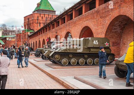 NIZHNY NOVGOROD, RUSSIA - APRIL, 23, 2017: Museum exhibition of military equipment since the Great Patriotic War of 1941-1945, World War II in Nizhny Stock Photo