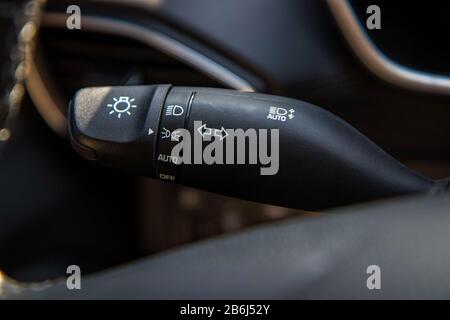 Car wiper handle and lighting switch control in a modern car Stock Photo
