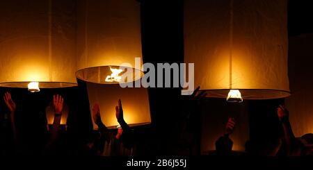 flying candle during Loy krathong festival, chiang mai , Thailand Stock Photo