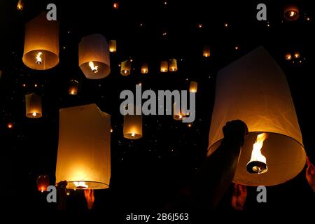 flying candle during Loy krathong festival, chiang mai , Thailand Stock Photo