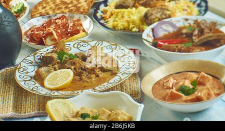 Kashmiri cuisine, Traditional assorted Indian  dishes, Top view. Stock Photo