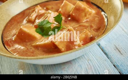 Paneer Chaman, Kashmiri cuisine, Traditional assorted Indian  dishes, Top view. Stock Photo