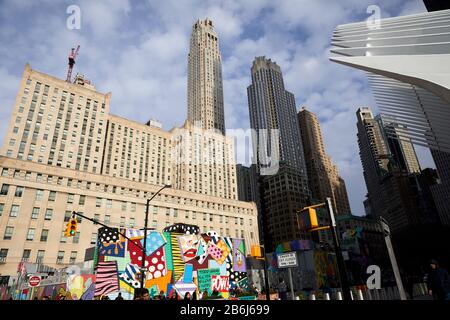 New York city Manhattan World Trade Centre Path Train station graffiti mural project covering the construction site Stock Photo