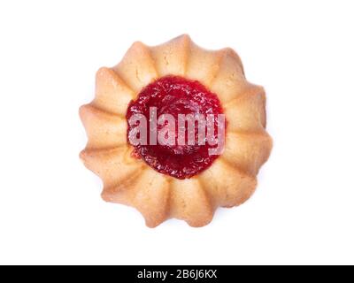 One shortbread cookie with a drop of jam, curabier dessert isolated on white background Stock Photo