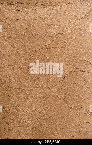 Cracked beige leather texture. Background in bad condition. Stock Photo