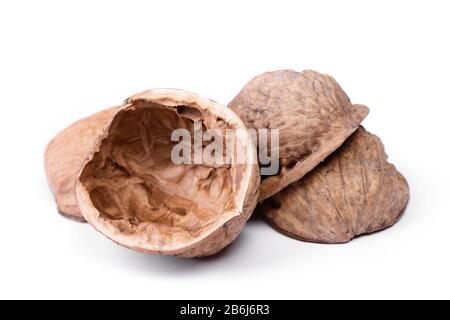 Empty walnut shells isolated on a white background Stock Photo