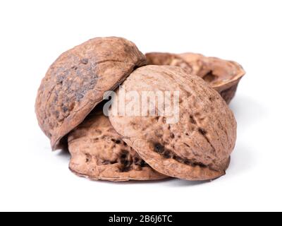 Empty walnut shells isolated on a white background Stock Photo