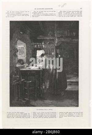 The schrijfles (title object) A boy sitting at a desk with writing and getting schrijfles a woman. In the room there is a spinneWie: l, kitchen utensils and there is a performance on paper in the raamkozijn. Manufacturer : print maker: Alphonse Marie van den Braak (indicated on object) to drawing of: H. Bogaerts (indicated on object) to the painting of P. Seignac (listed property) Place manufacture: Netherlands Date: 1878 - 1879 Physical features: wood car and text printing material: paper Technique: wood engra / printing sizes: sheet: h 365 mm × W 259 mmToelichtingPrent from: The Catholic ill Stock Photo