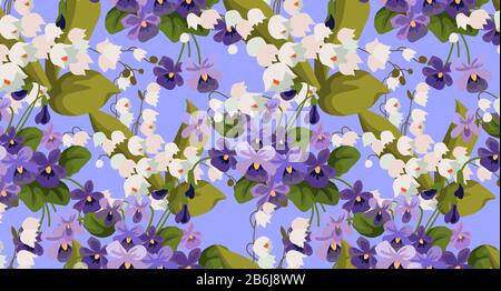 Horizontal Seamless pattern with bouquets of violet and may-lily on a blue background. Cute cartoon vector illustration Stock Vector