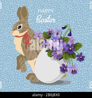 Cute gray rabbit with flowers in eggshell, hare and bouquet of lilac violet in egg on a blue background. Spring vector illustration Stock Vector