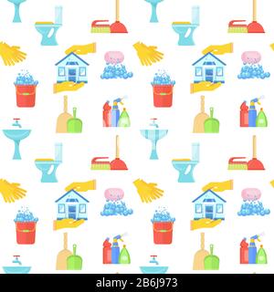 Seamless pattern with cleaning tools in bathroom. Stock Vector