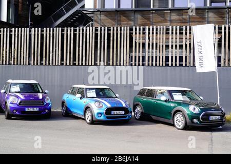 Bordeaux , Aquitaine / France - 10 28 2019 : Mini car automobiles parked at Mini Cooper dealership flag Stock Photo