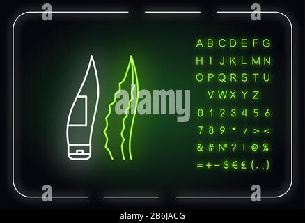 Gel package neon light icon. Organic lotion. Leaf shaped tube for natural cream. Aloe vera sprout. Outer glowing effect. Sign with alphabet, numbers Stock Vector