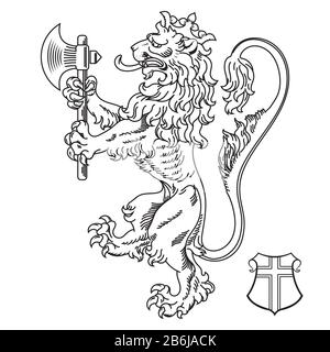 A medieval heraldic coat of arms, heraldic lion, heraldic lion silhouette, crowned lion holding an axe in its front paws Stock Vector