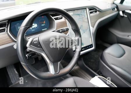 Bordeaux , Aquitaine / France - 11 30 2019 : Tesla Car logo on Wheel interior electric vehicle Stock Photo