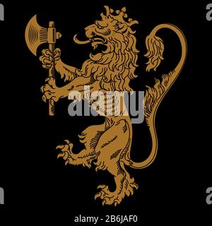 A medieval heraldic coat of arms, heraldic lion, heraldic lion silhouette, crowned lion holding an axe in its front paws Stock Vector