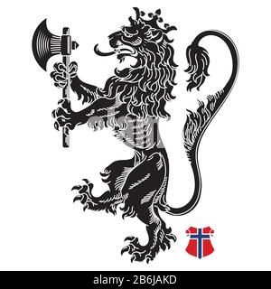 A medieval heraldic coat of arms, heraldic lion, heraldic lion silhouette, crowned lion holding an axe in its front paws Stock Vector
