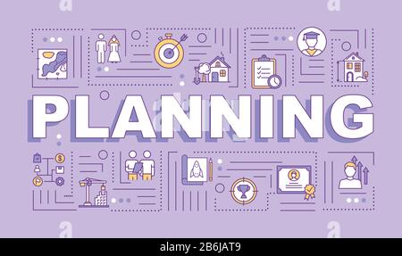 Life planning word concepts banner. Goals setting. Project development. Infographics with linear icons on light purple background. Isolated typography Stock Vector