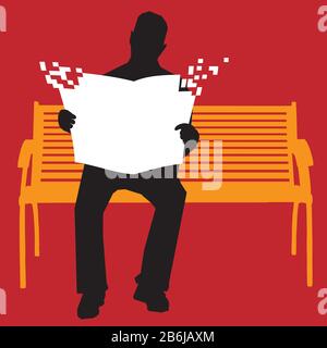 Vector illustration. Man reading a newspaper sitting on a park bench. Stock Vector