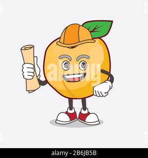 A picture of Apricot architect cartoon mascot character having blueprints and yellow helmet Stock Photo