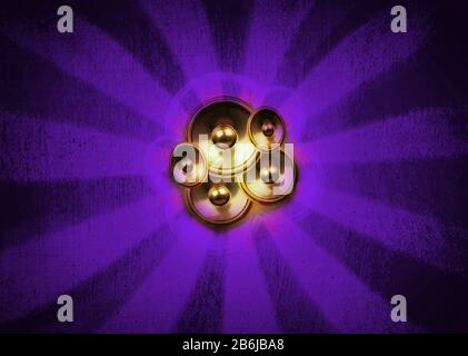 Audio speakers on a purple sunburst background with vignette Stock Photo