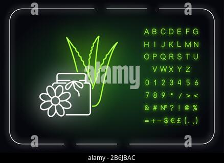 Vegan wax neon light icon. Cream with floral extract. Organic lotion in jar with aloe vera. Outer glowing effect. Sign with alphabet, numbers and Stock Vector