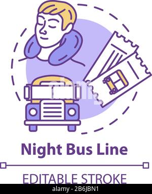 Night bus line concept icon. Rest on the way idea thin line illustration. Sleeping tourist, international autobus and travel tickets vector isolated Stock Vector
