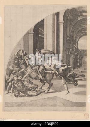 The expulsion of Heliodorus from the temple (left part) Heliodorus who was sent by the king of Syria to steal the treasure from the temple of Jerusalem, the temple is driven by a horseman and two other men. Right, a crowd of spectators in the temple. In the background the Onias high priest in prayer for altaar. Manufacturer : printmaker Carlo Marattinaar mural: Rafael (listed property) Place manufacture: printmaker: Italy To mural: Vatican Date: 1635 - 1713 Physical features: etching material: paper Technique: etching Dimensions: sheet: 555 mm × h 436 b mmToelichtingNaar a fresco in the Raphae Stock Photo