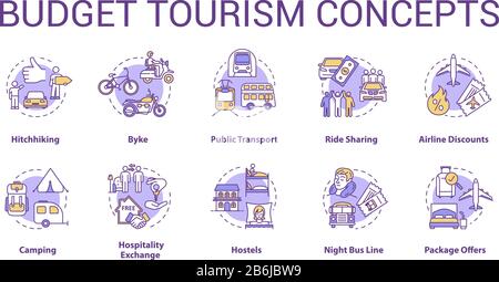 Budget tourism concept icons set. Affordable travel idea thin line RGB color illustrations. Money saving tips for tourists. Cheap transport and rest Stock Vector